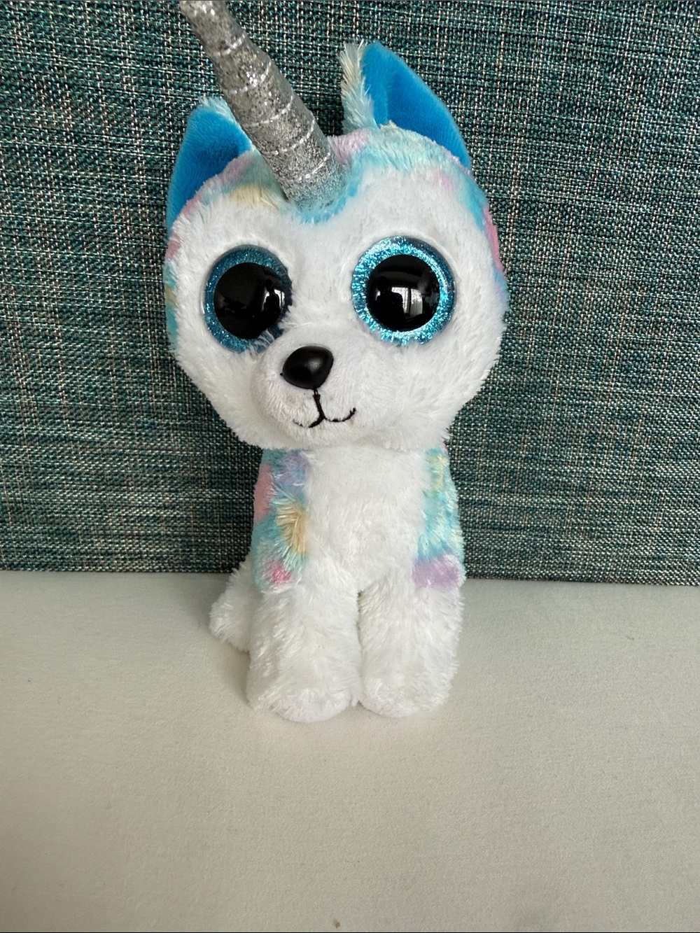Ty White Plush Unicorn Husky with Blue Eyes and Silver Horn